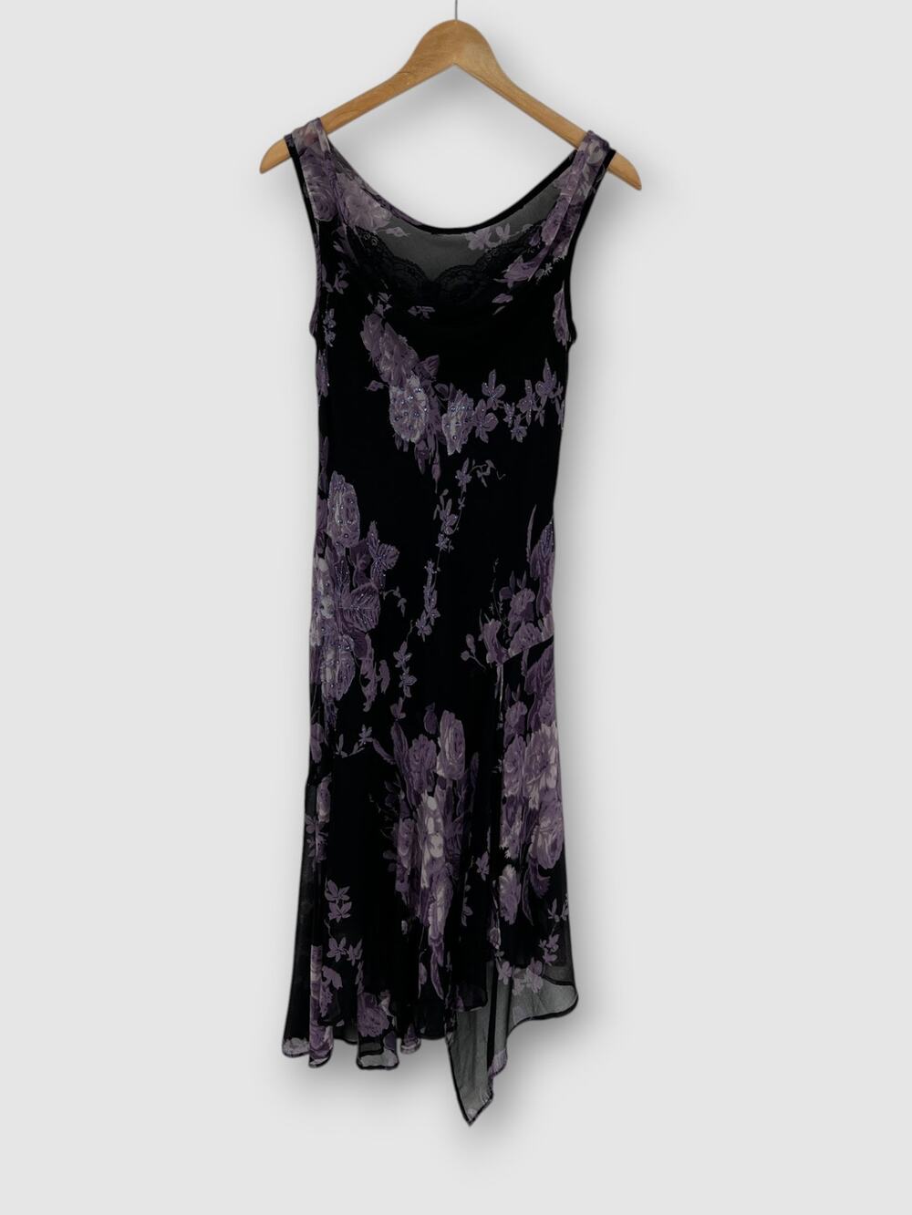 Y2k Dressbarn Black Purple Rose Print Slip Dress Cowl Neck Lace Trim Medium